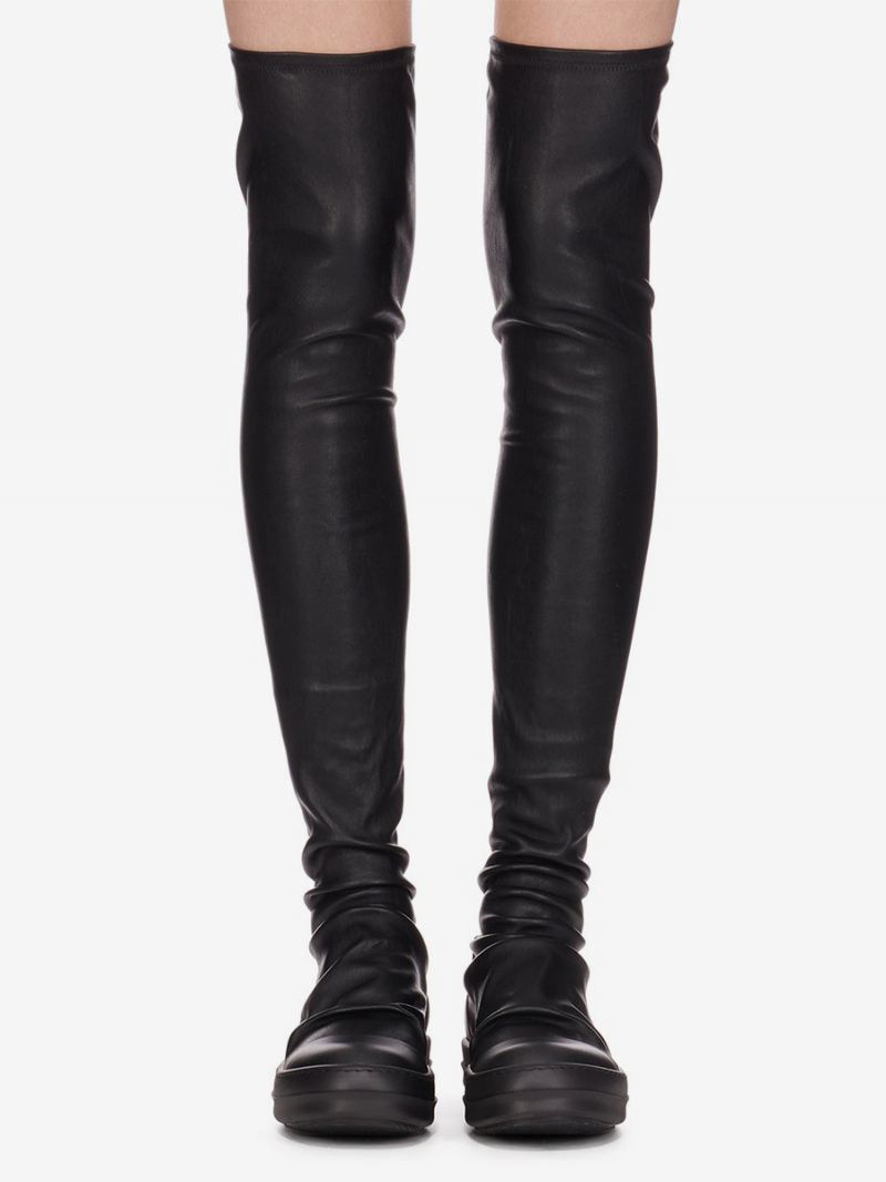 Over Kneet Støvler Dame Rund Toe Strømpe Ruched Thigh High Sneakers - Sort