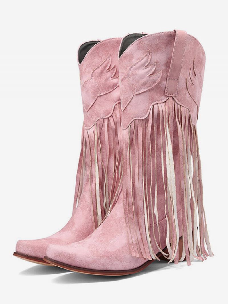 Semsket Skinn Rosa Vestlige Støvler Kvinner Spiss Tå Tassle Cowgirl Boots