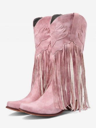 Semsket Skinn Rosa Vestlige Støvler Kvinner Spiss Tå Tassle Cowgirl Boots