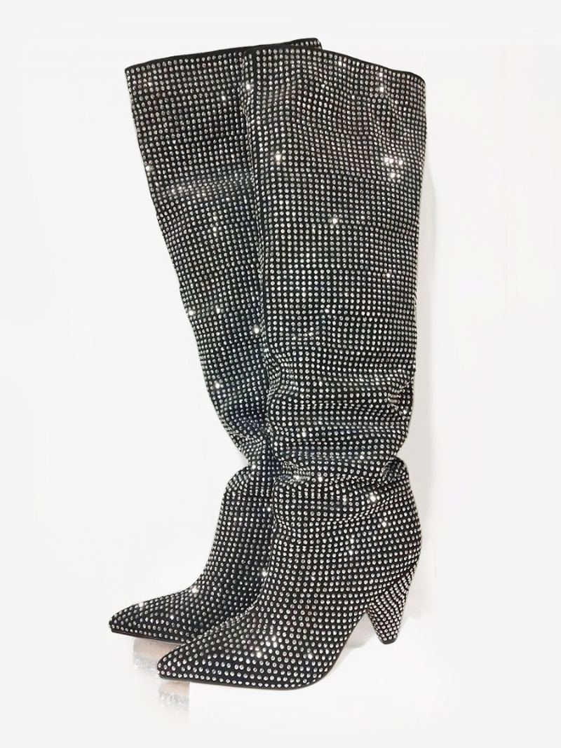 Slouch Boots For Kvinner Elegante Rhinestones Cone Heel Knehøye Støvler - Svart Sølv