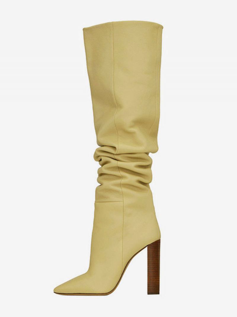 Slouch Boots For Kvinner Khaki Spisse Tå Chunky Heel Knehøye Støvler - Khaki