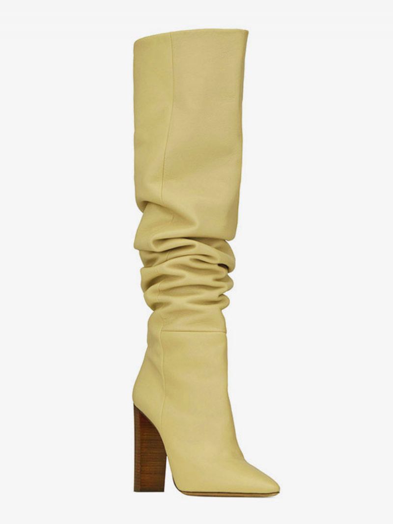 Slouch Boots For Kvinner Khaki Spisse Tå Chunky Heel Knehøye Støvler - Khaki