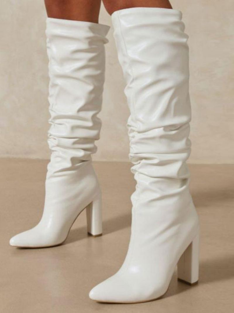 Slouch Chunky Heel Knee Boots For Kvinner - Hvit