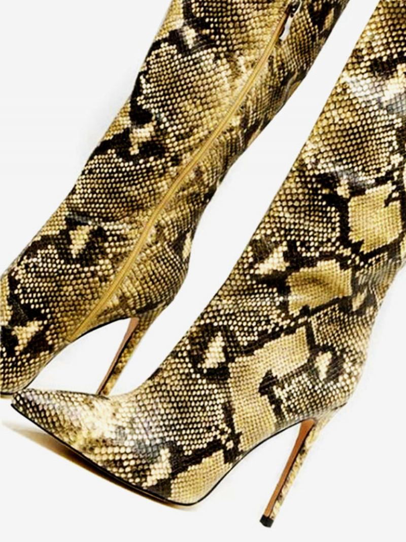 Snakeskin Stiletthæl For Kvinner Med Høye Lårstøvler - Lysegrå