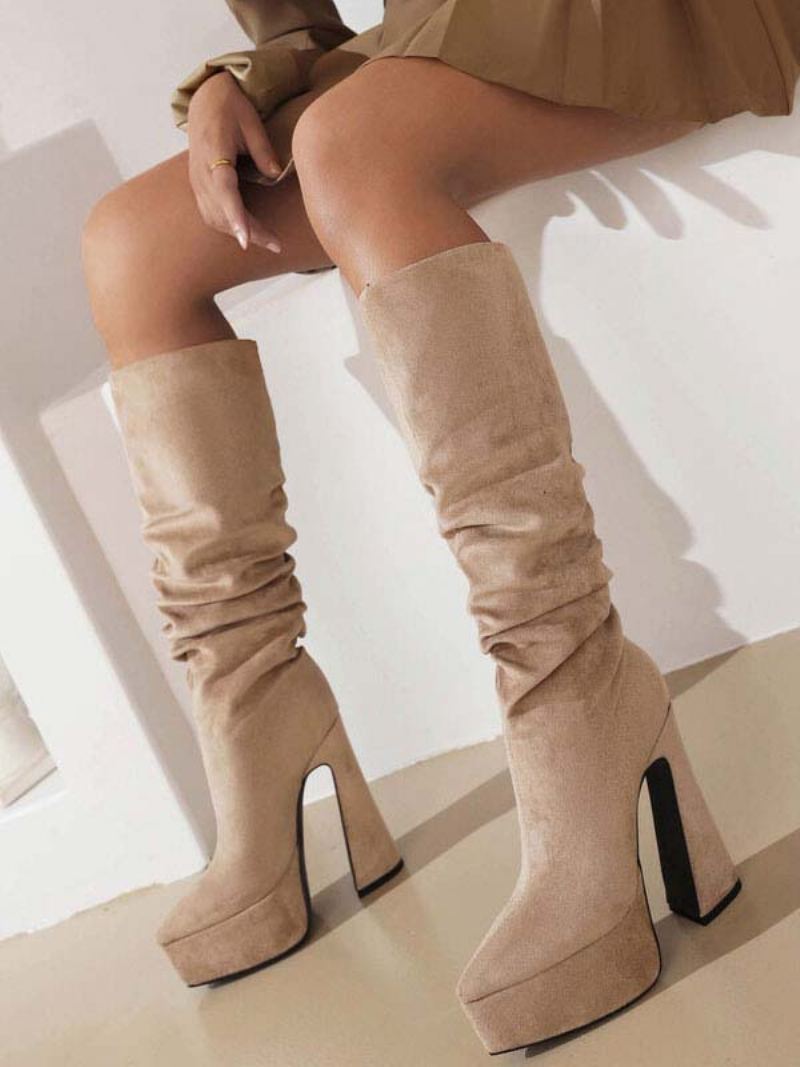 Støvler Med Høye Hæler Semsket Plattform Spiss Tå Chunky Heel Mid Kalv For Kvinner - Beige