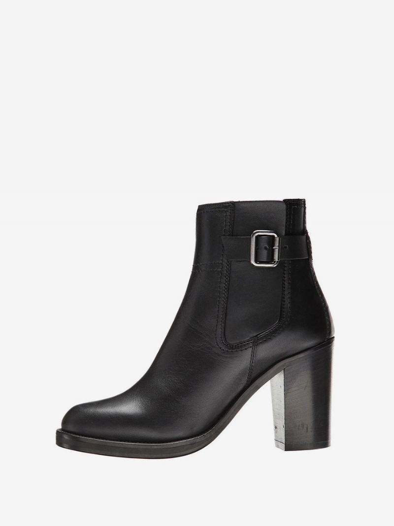 Svarte Ankelstøvletter Kvinner Rund Tåspenne Chunky Heel Booties