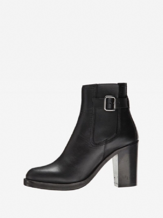 Svarte Ankelstøvletter Kvinner Rund Tåspenne Chunky Heel Booties