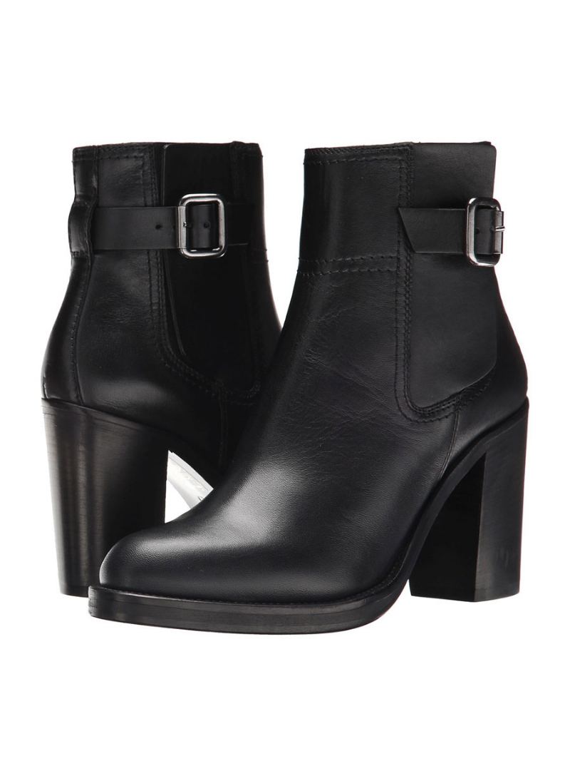 Svarte Ankelstøvletter Kvinner Rund Tåspenne Chunky Heel Booties - Svart