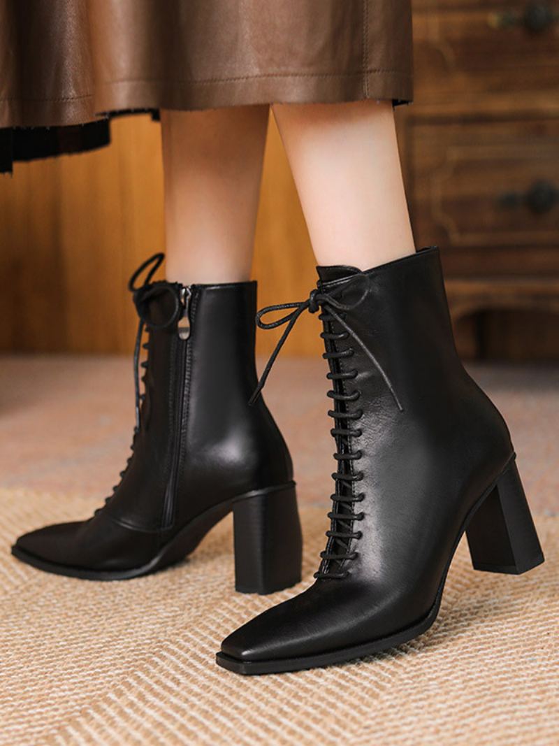 Svarte Ankelstøvletter Kvinner Square Toe Lace Up Booties