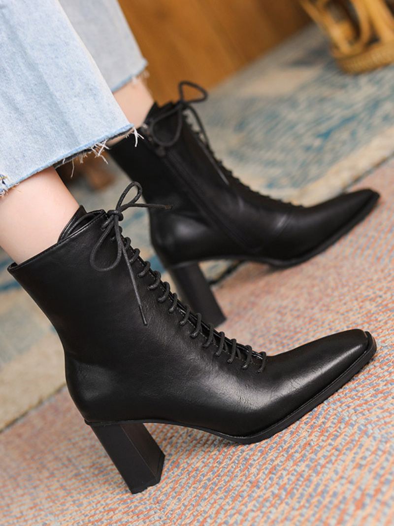 Svarte Ankelstøvletter Kvinner Square Toe Lace Up Booties - Svart