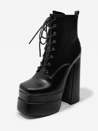 Svarte Lace Up Booties Dame Rund Toe Chunky Heel Ankelstøvletter