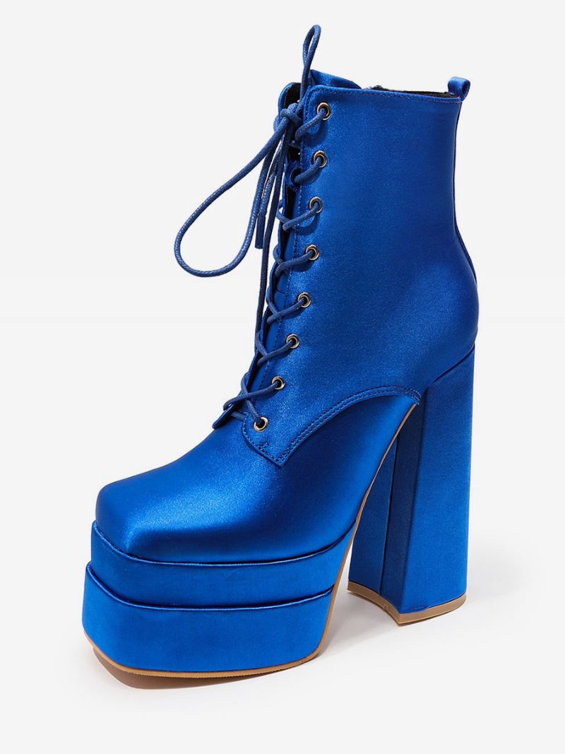 Svarte Lace Up Booties Dame Rund Toe Chunky Heel Ankelstøvletter - Blå