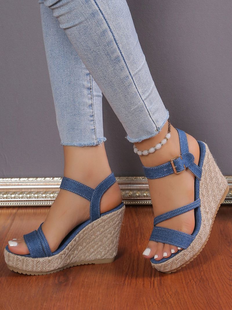 Dames Denim Wedge Sandaler Plattformspennedetaljer