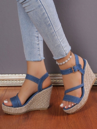 Dames Denim Wedge Sandaler Plattformspennedetaljer