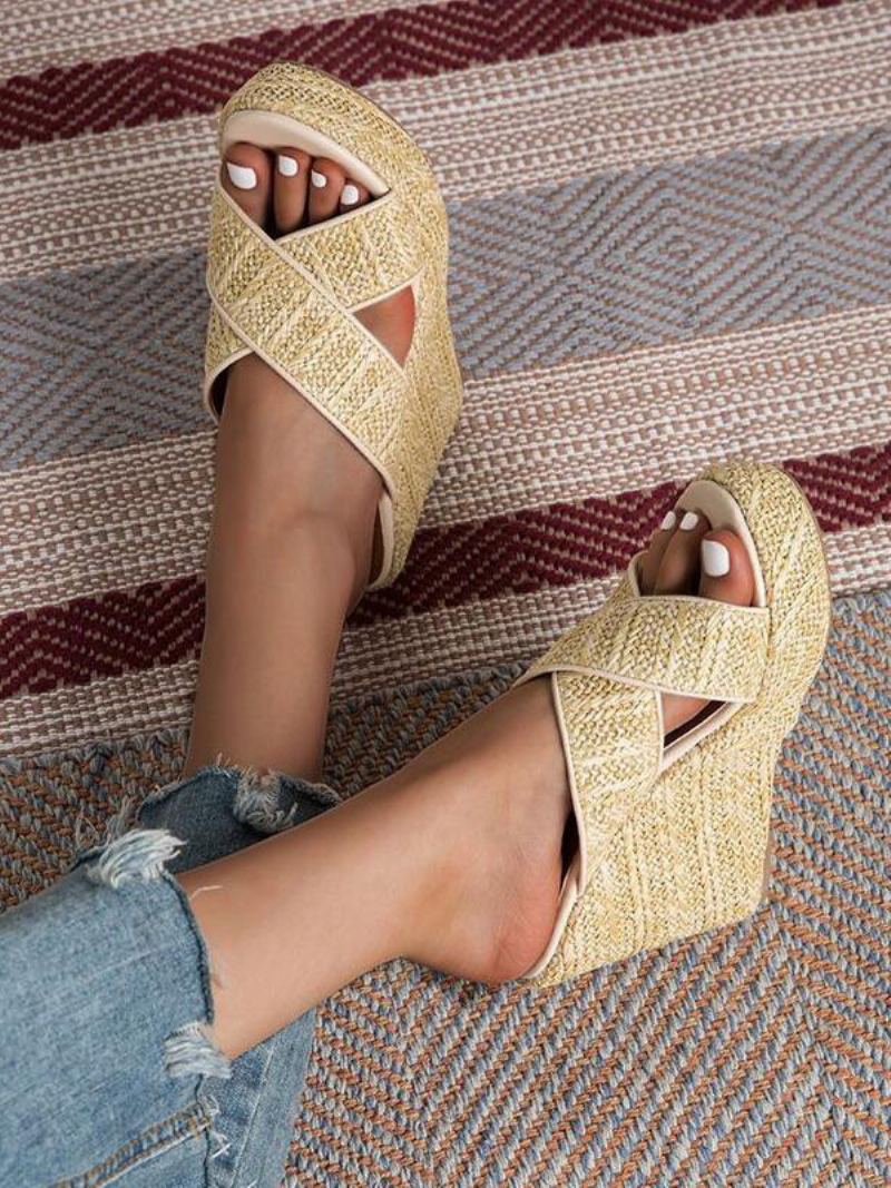 Kvinners Cane Wedge Sandaler Plattform Åpen Tå Criss Cross Sandal Slides - Lys Gul