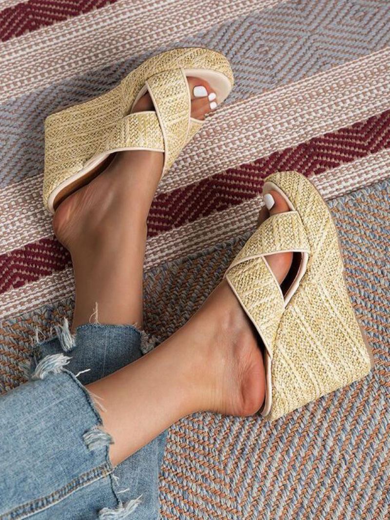 Kvinners Cane Wedge Sandaler Plattform Åpen Tå Criss Cross Sandal Slides - Lys Gul