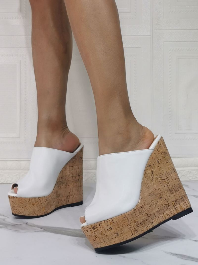 Peep Toe Plattformsko Wedge Mules For Kvinner - Hvit