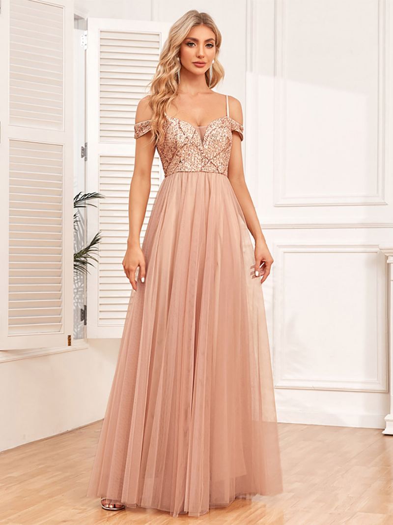 Dame A-line Kjole Spaghetti Strap Backless Paljetter Prom Maxi Kjoler