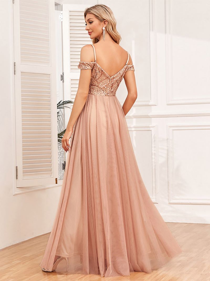 Dame A-line Kjole Spaghetti Strap Backless Paljetter Prom Maxi Kjoler - Gull