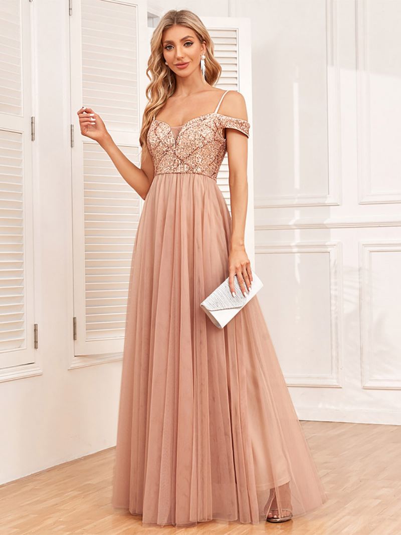 Dame A-line Kjole Spaghetti Strap Backless Paljetter Prom Maxi Kjoler - Gull