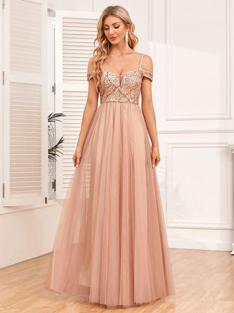 Dame A-line Kjole Spaghetti Strap Backless Paljetter Prom Maxi Kjoler - Gull