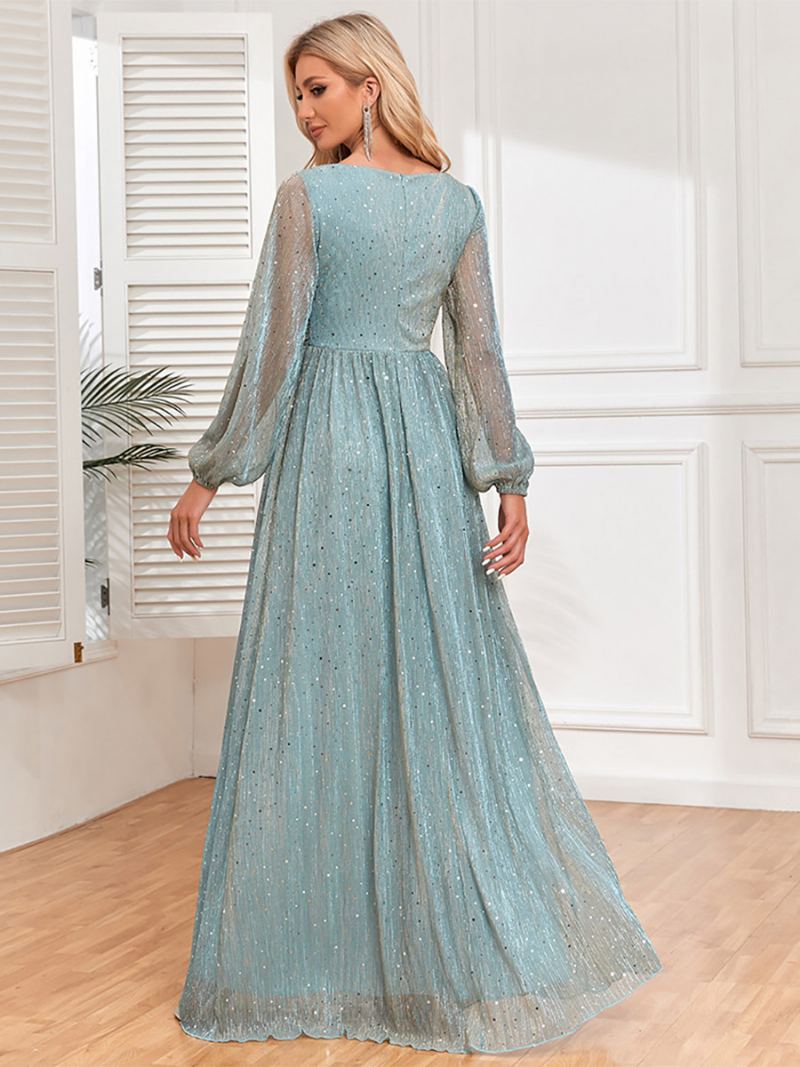 Dame Maxi Paljetter Kjoler Plissert V-hals Illusion Ermer Prom Dress - Lysegrønn