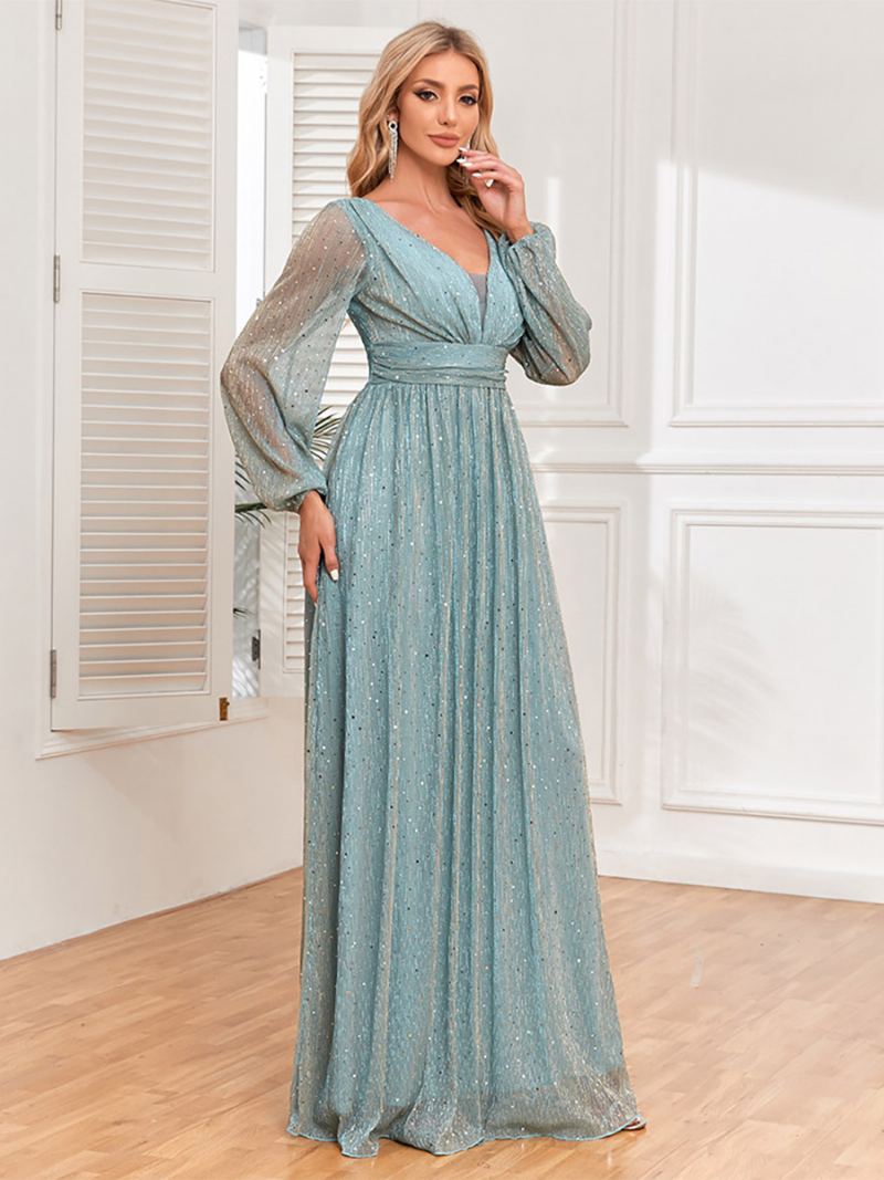 Dame Maxi Paljetter Kjoler Plissert V-hals Illusion Ermer Prom Dress - Lysegrønn