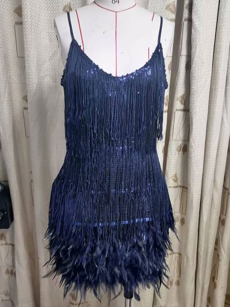 Dame Mini Sundress Spaghetti Straps Dusk Fjær Hem Bursdagsfest Kjole - Kongeblå