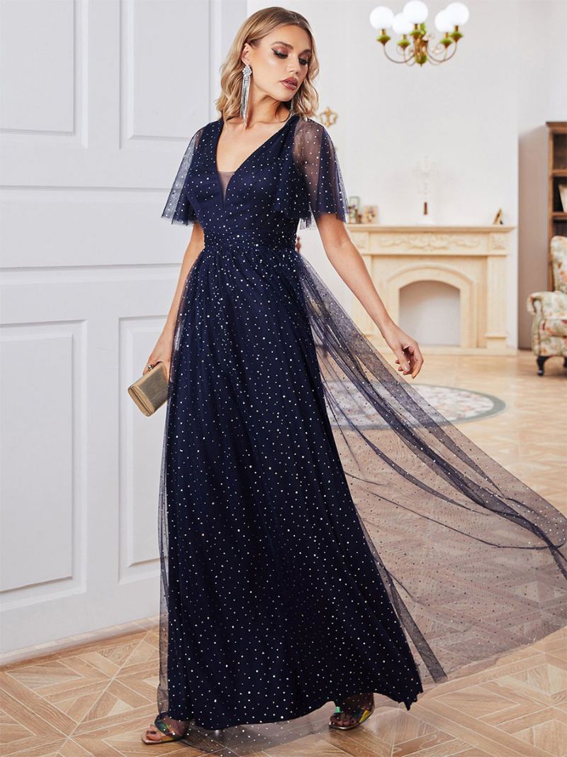 Dame Mørk Navy Ballkjole Polka Dots Flutter Ermer Tyll Maxi Kjoler