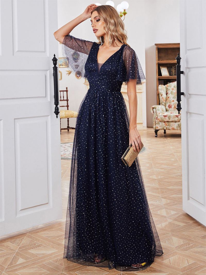 Dame Mørk Navy Ballkjole Polka Dots Flutter Ermer Tyll Maxi Kjoler - Mørkeblå