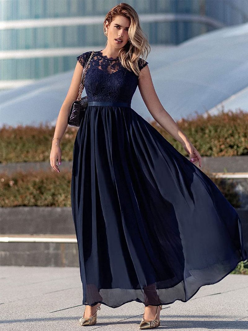 Dame Mørk Navy Cap Ermer Maxikjole Blonde Bodice Ribbon Midje Promenadekonsert Kjoler