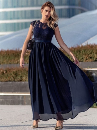 Dame Mørk Navy Cap Ermer Maxikjole Blonde Bodice Ribbon Midje Promenadekonsert Kjoler