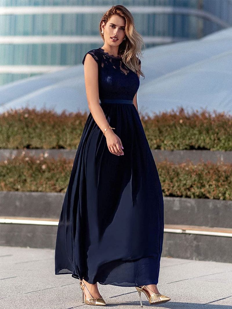 Dame Mørk Navy Cap Ermer Maxikjole Blonde Bodice Ribbon Midje Promenadekonsert Kjoler - Mørk Navy