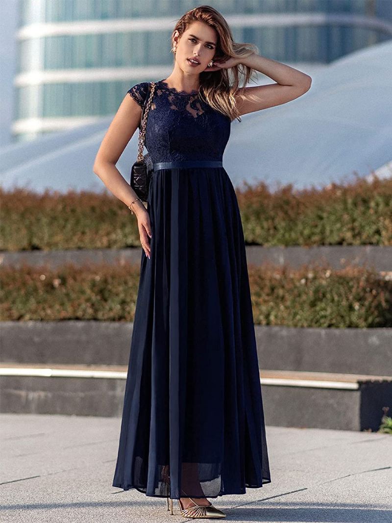 Dame Mørk Navy Cap Ermer Maxikjole Blonde Bodice Ribbon Midje Promenadekonsert Kjoler - Mørk Navy