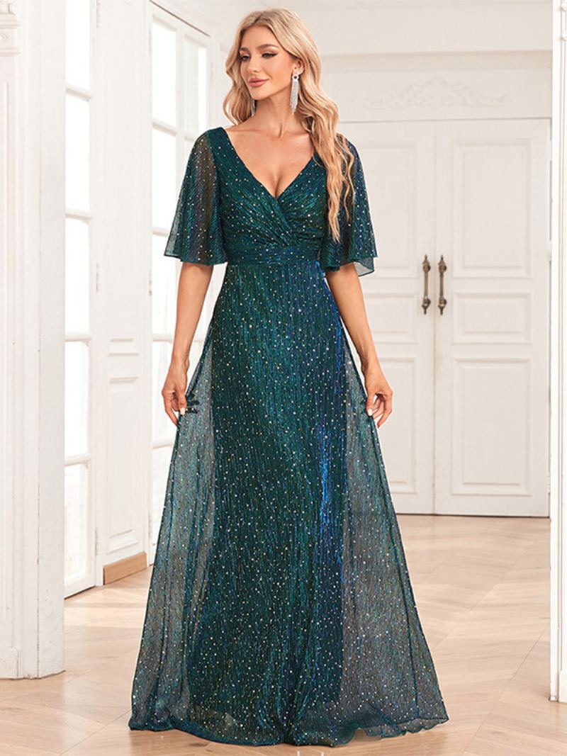 Dame Paljett Maxikjoler V-hals Ryggløs A-line Prom Cocktail Dress