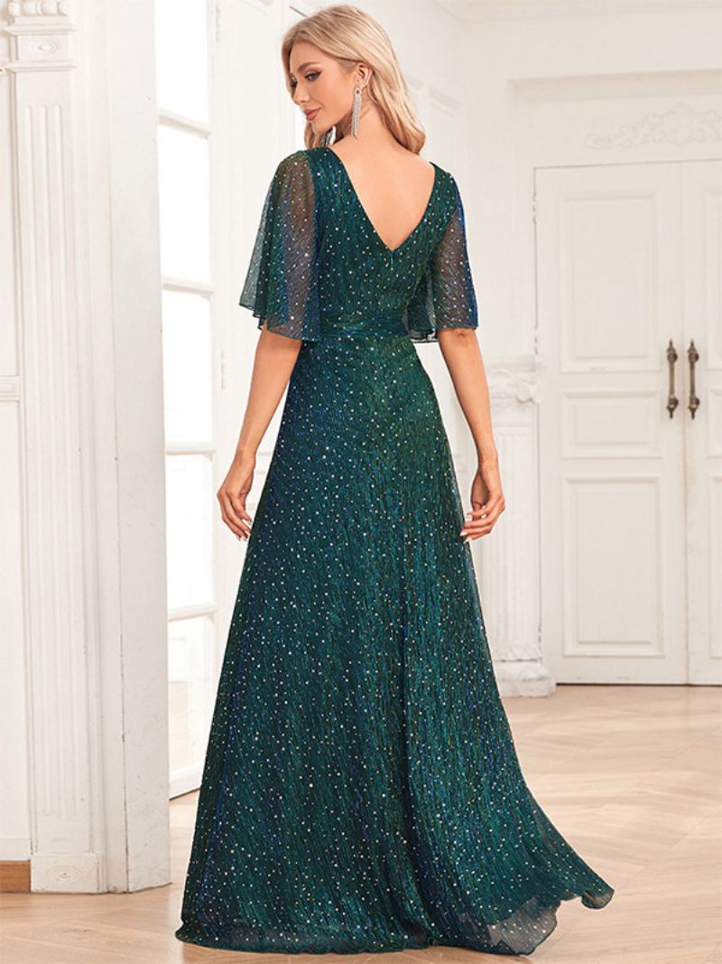 Dame Paljett Maxikjoler V-hals Ryggløs A-line Prom Cocktail Dress - Mørk Grønn