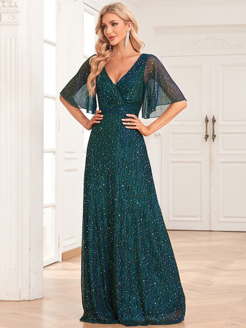 Dame Paljett Maxikjoler V-hals Ryggløs A-line Prom Cocktail Dress - Mørk Grønn