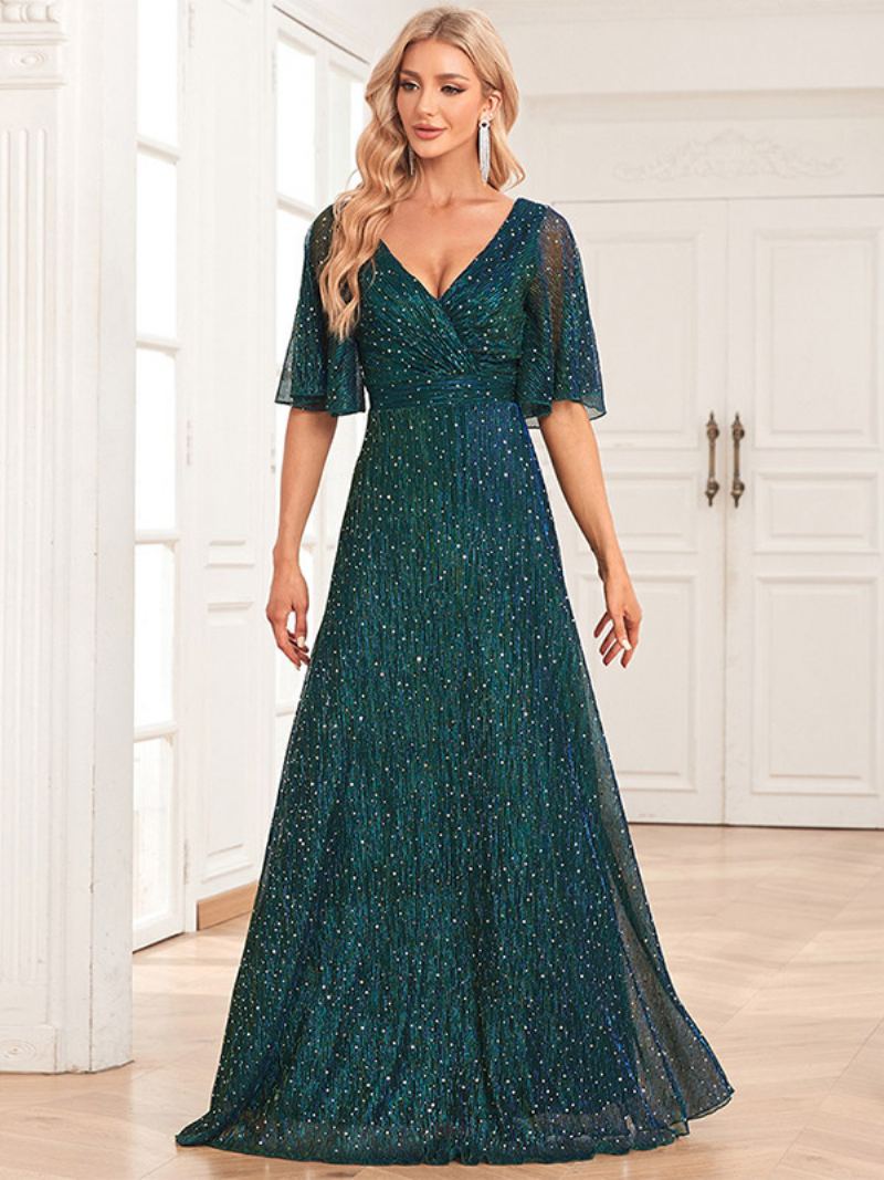 Dame Paljett Maxikjoler V-hals Ryggløs A-line Prom Cocktail Dress - Mørk Grønn