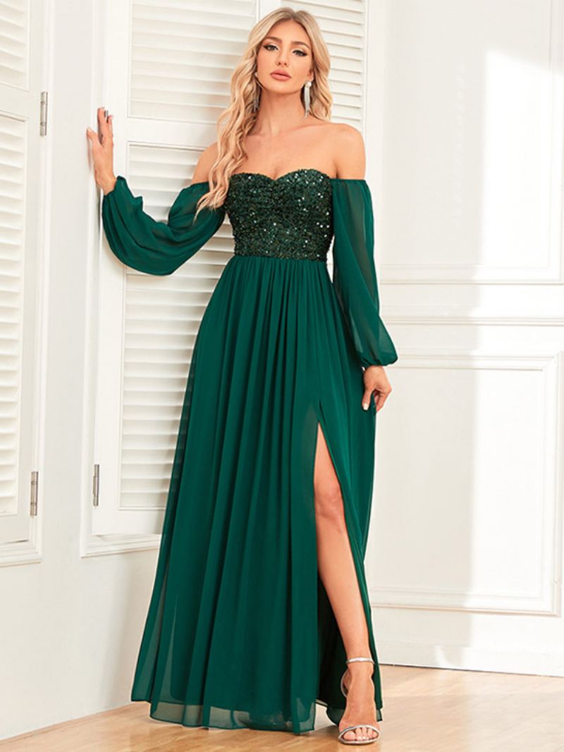 Dame-paljetter Off Shoulder-kjole Ryggløs Høy Splitt Prom Cocktail Maxi-kjoler