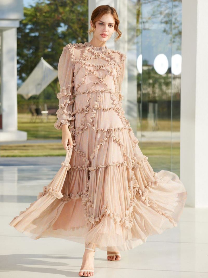 Dame Ruffles Dress Illusion Langermet Høykrage Tyll Fest Maxi Kjoler - Rosa