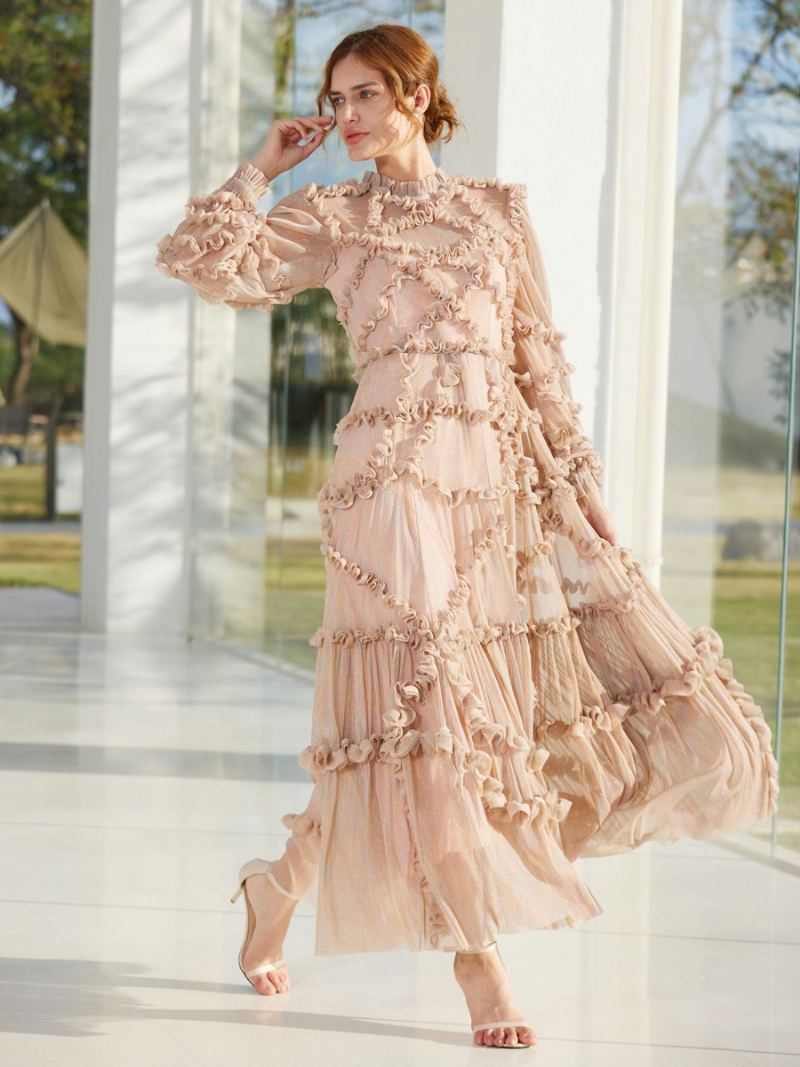 Dame Ruffles Dress Illusion Langermet Høykrage Tyll Fest Maxi Kjoler - Rosa