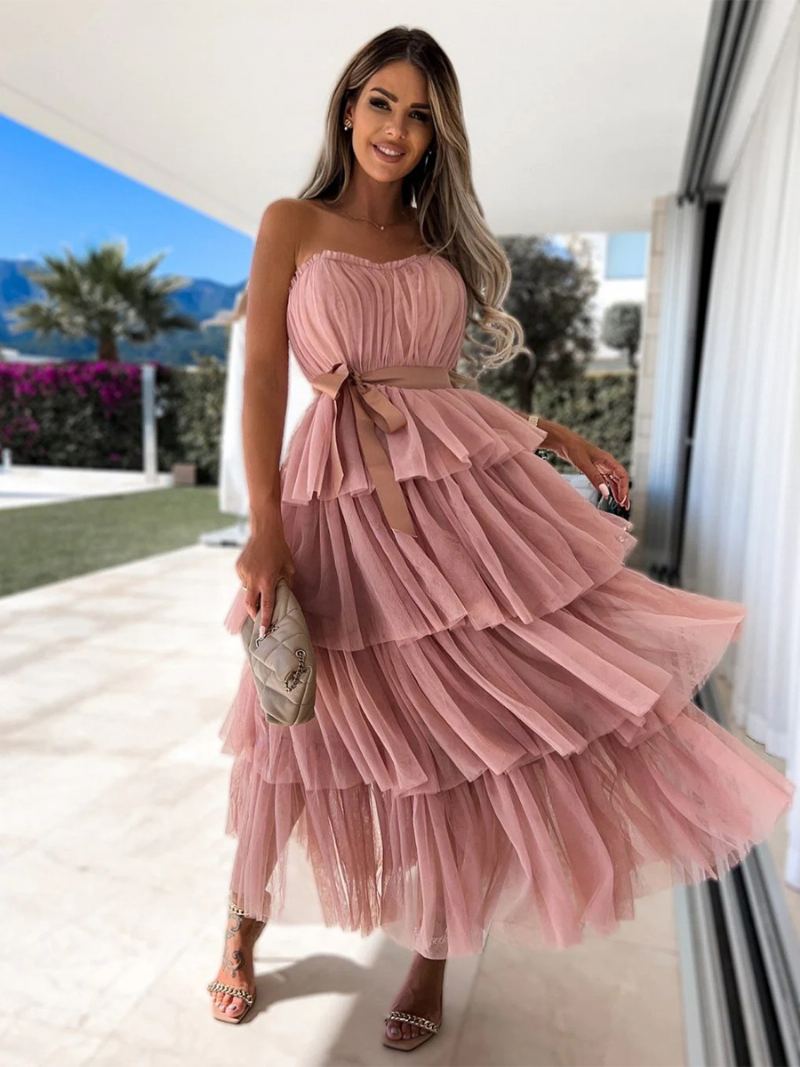 Dame Tyll Ruffles Dress Off The Shoulder Lagdelte Maksikjoler Med Belte