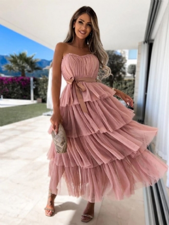 Dame Tyll Ruffles Dress Off The Shoulder Lagdelte Maksikjoler Med Belte