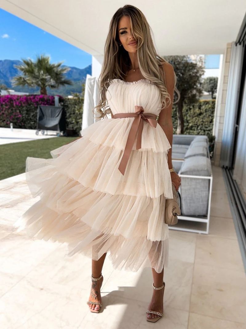 Dame Tyll Ruffles Dress Off The Shoulder Lagdelte Maksikjoler Med Belte - Lys Gul