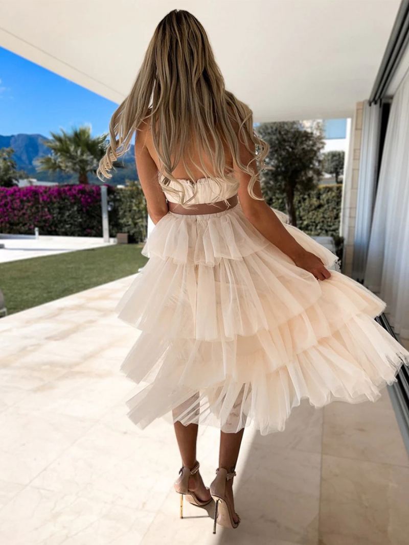 Dame Tyll Ruffles Dress Off The Shoulder Lagdelte Maksikjoler Med Belte - Lys Gul