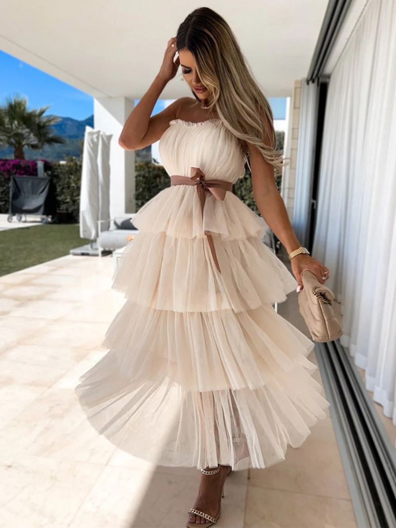 Dame Tyll Ruffles Dress Off The Shoulder Lagdelte Maksikjoler Med Belte - Lys Gul