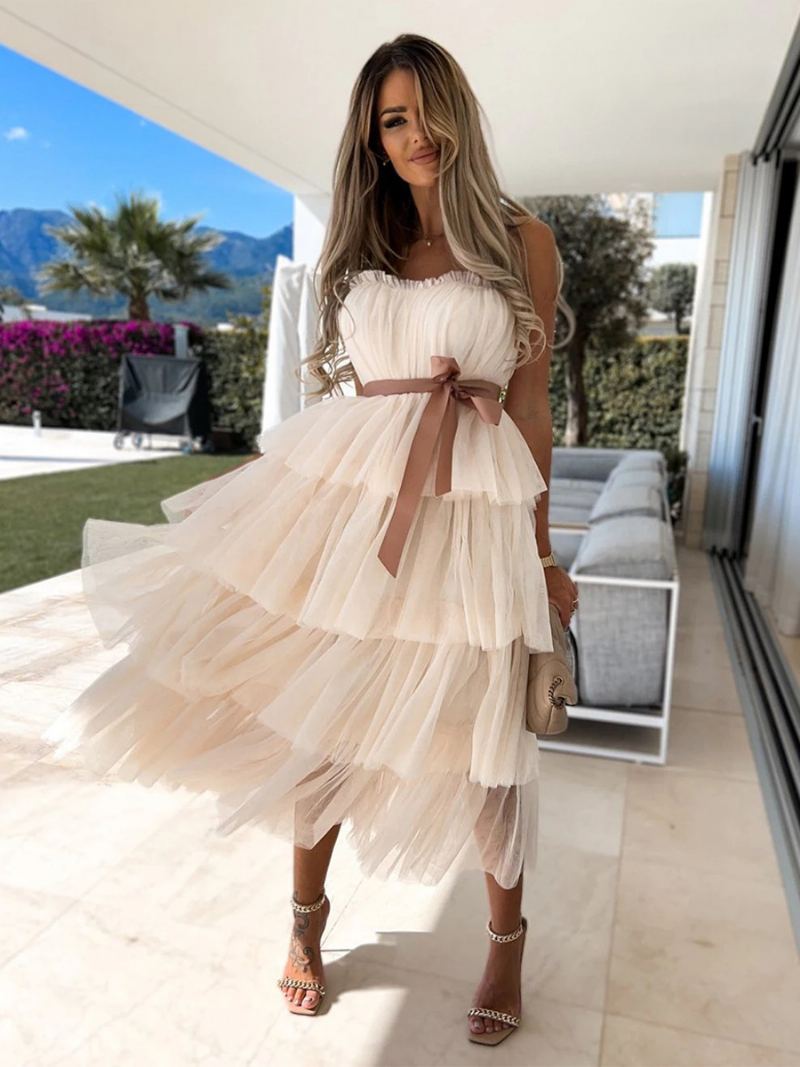 Dame Tyll Ruffles Dress Off The Shoulder Lagdelte Maksikjoler Med Belte - Lys Gul