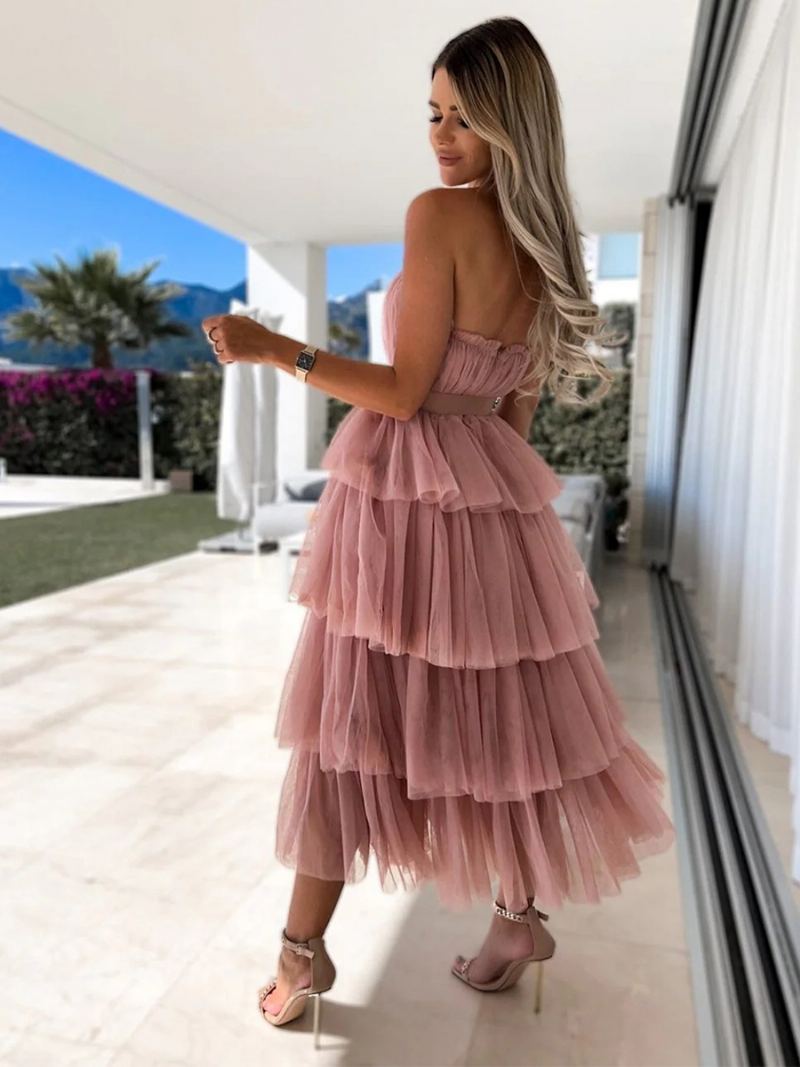 Dame Tyll Ruffles Dress Off The Shoulder Lagdelte Maksikjoler Med Belte - Rosa