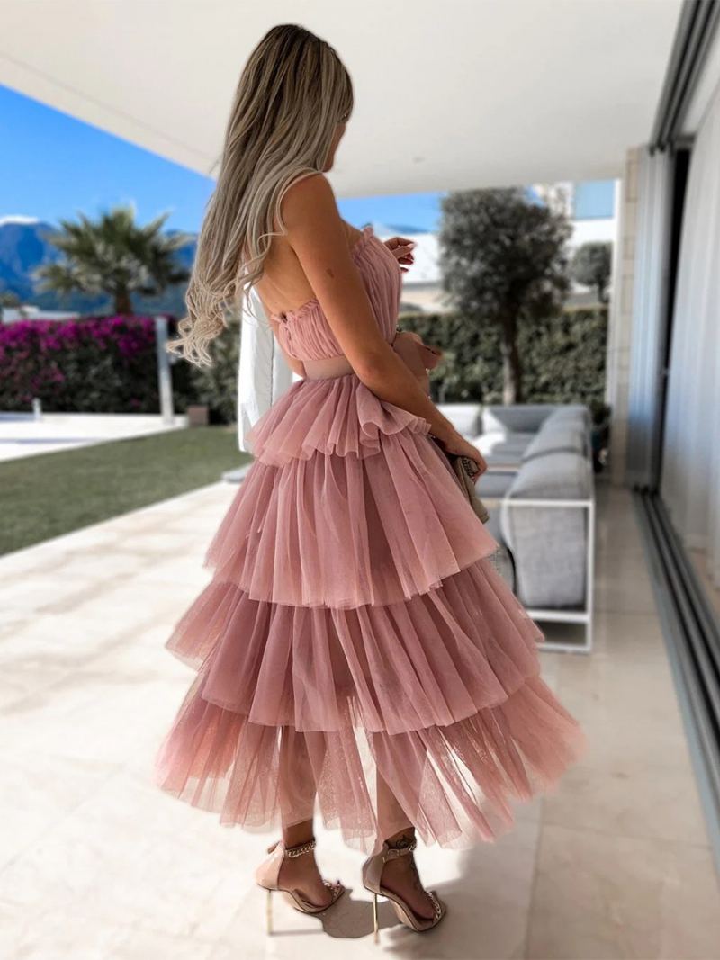 Dame Tyll Ruffles Dress Off The Shoulder Lagdelte Maksikjoler Med Belte - Rosa