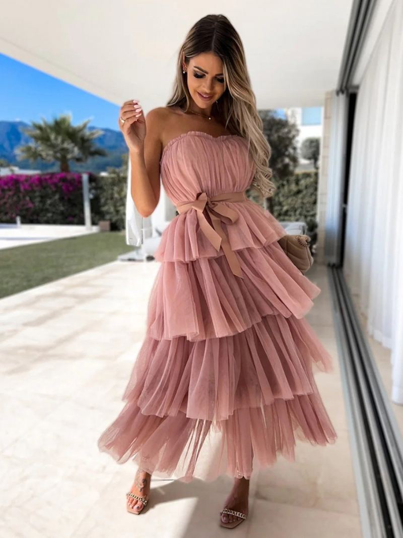 Dame Tyll Ruffles Dress Off The Shoulder Lagdelte Maksikjoler Med Belte - Rosa